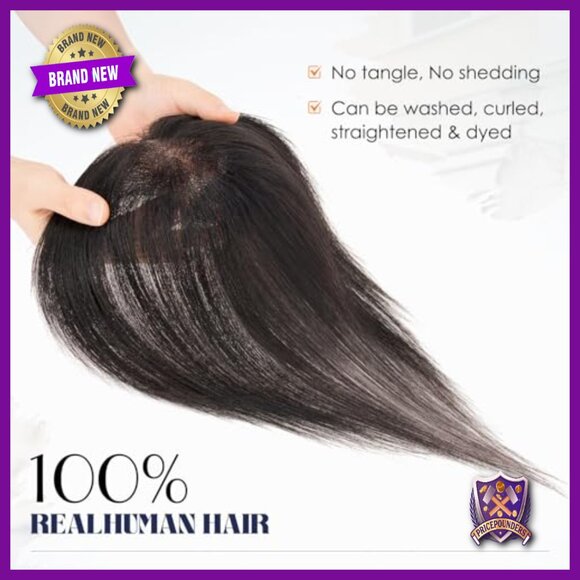 Real Human Hair Topper with Side Bangs, Thin Lace Base, 11 Inch